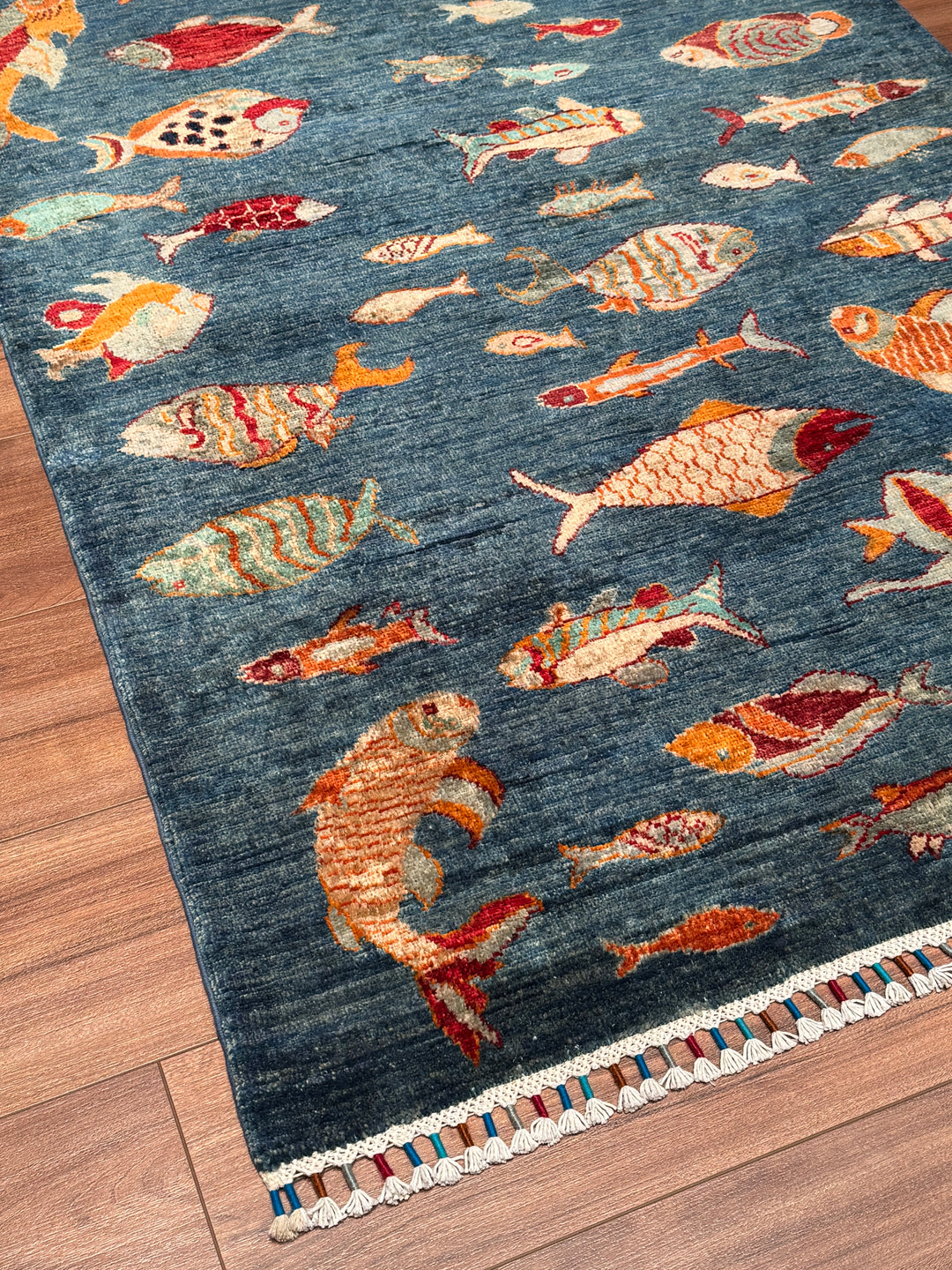 Balık Orijinal El Dokuması Mavi Kök Boya Yün Halı 102x146 1.49 Metrekare - 3x5 ft