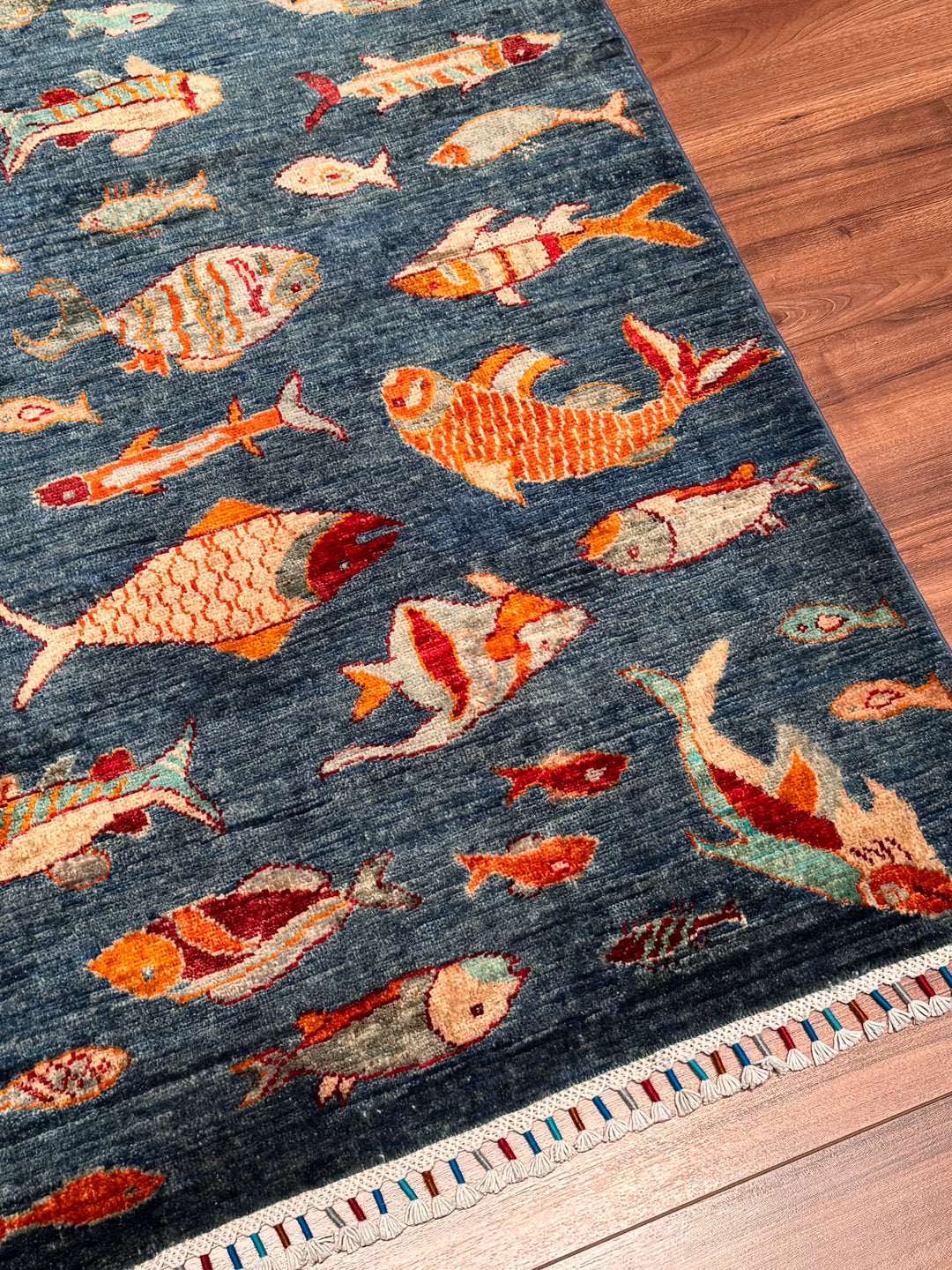 Balık Orijinal El Dokuması Mavi Kök Boya Yün Halı 102x146 1.49 Metrekare - 3x5 ft