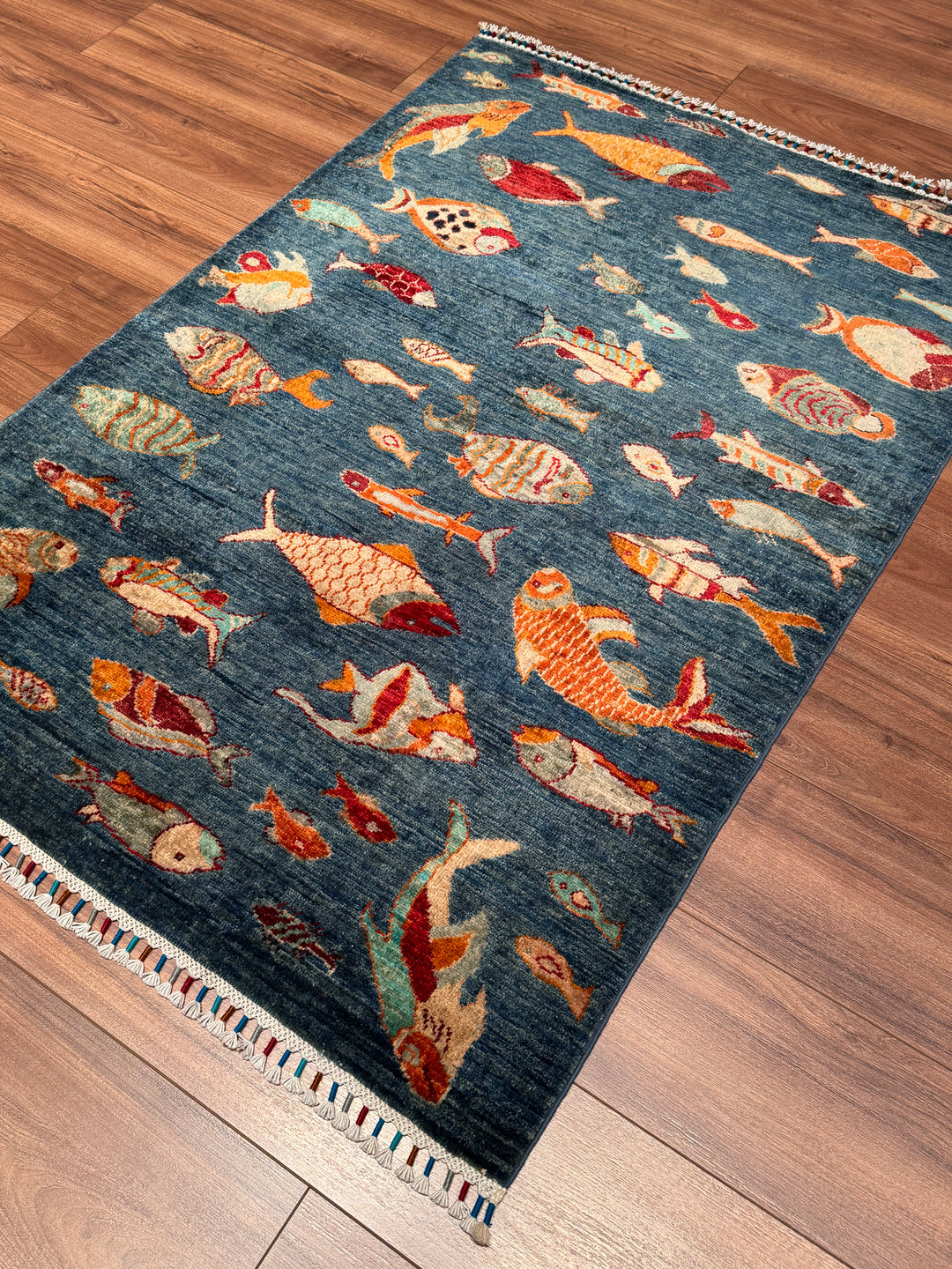 Balık Orijinal El Dokuması Mavi Kök Boya Yün Halı 102x146 1.49 Metrekare - 3x5 ft