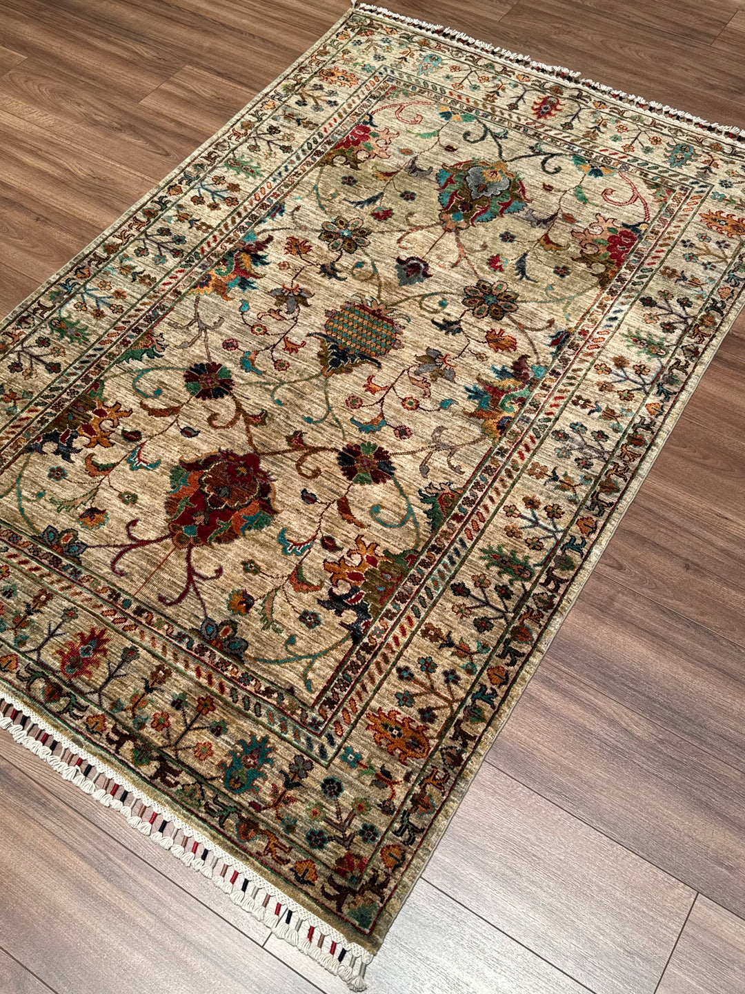 Sultani Binbirgece Original Hand-Woven Beige Vegetable Dyed Wool Carpet 126x188 2.37 Square Meters - 4x6 ft