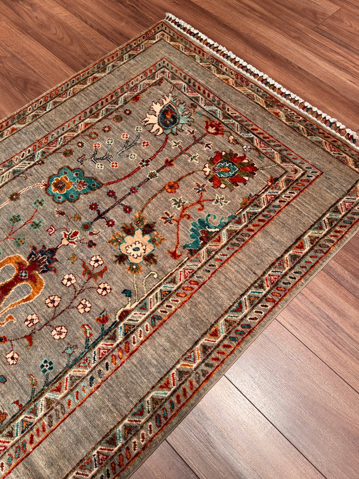 Sultani Çiçekli Orijinal El Dokuması Gri Kök Boya Yün Halı 105x156 1.64 Metrekare - 3x5 ft
