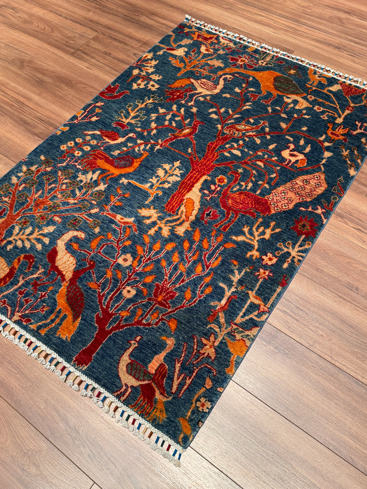 Kuş Orijinal El Dokuması Mavi Kök Boya Yün Halı 104x149 1.55 Metrekare - 3x5 ft