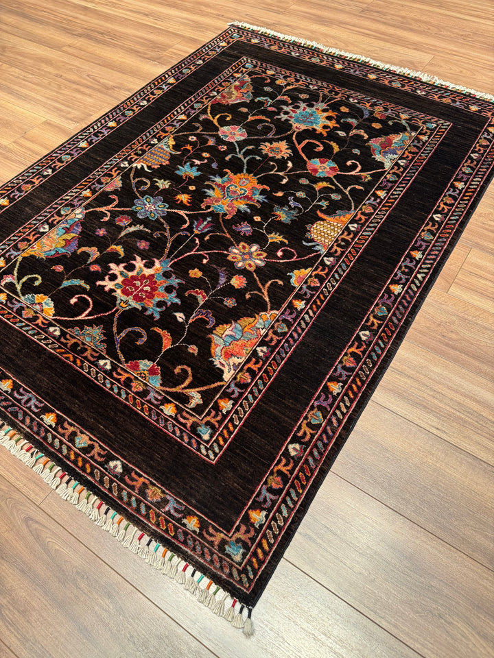 Sultani Binbirgece Original Hand-Woven Black Vegetable Dyed Wool Carpet 130x181 2.35 Square Meters - 3x5 ft