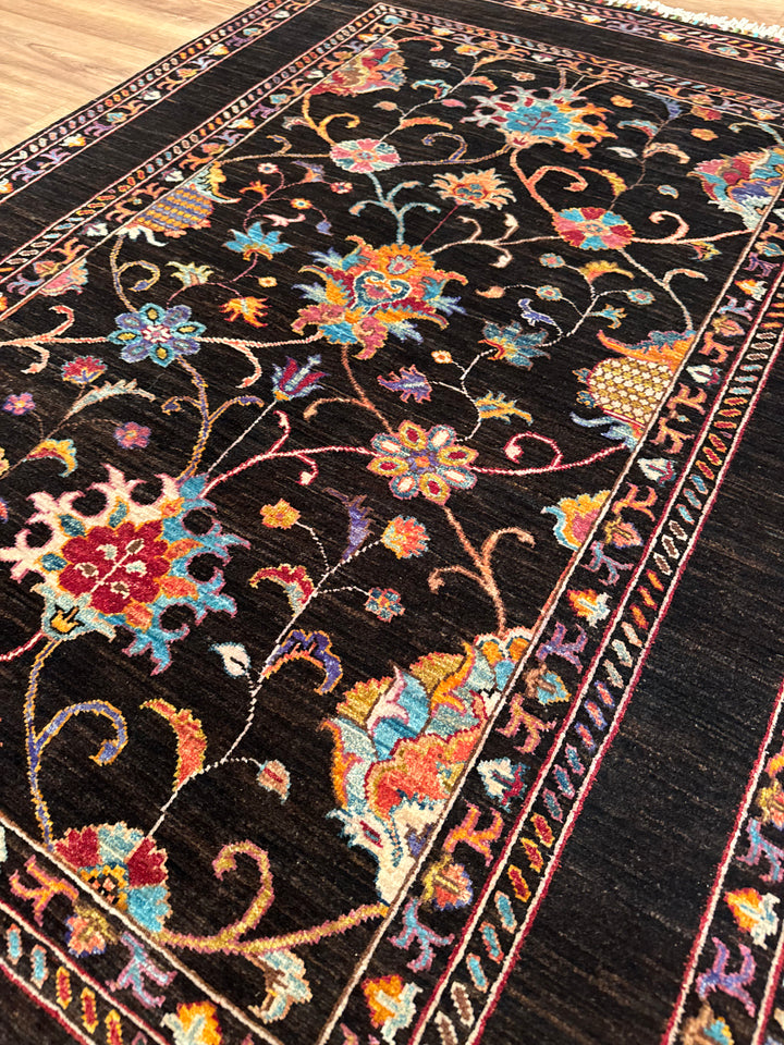 Sultani Binbirgece Original Hand-Woven Black Vegetable Dyed Wool Carpet 130x181 2.35 Square Meters - 3x5 ft