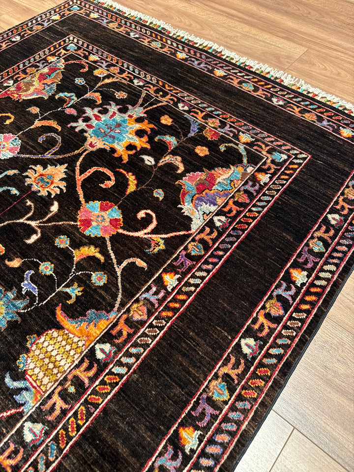 Sultani Binbirgece Original Hand-Woven Black Vegetable Dyed Wool Carpet 130x181 2.35 Square Meters - 3x5 ft