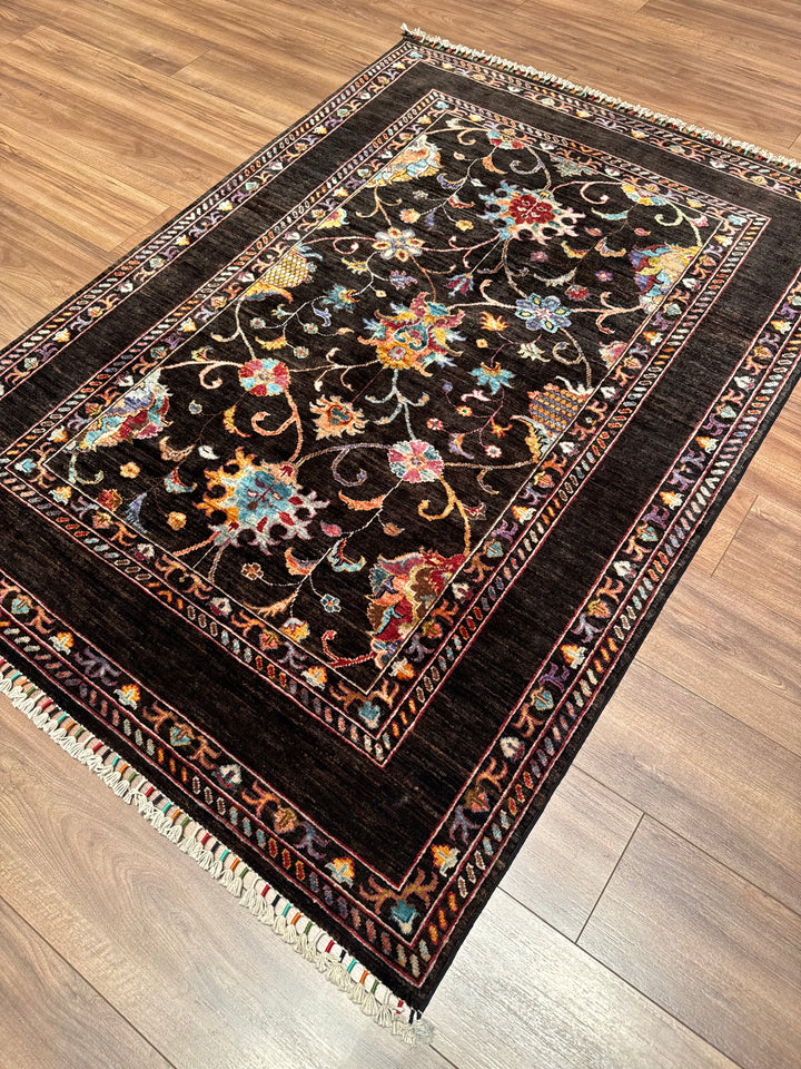 Sultani Binbirgece Original Hand-Woven Black Vegetable Dyed Wool Carpet 130x181 2.35 Square Meters - 3x5 ft
