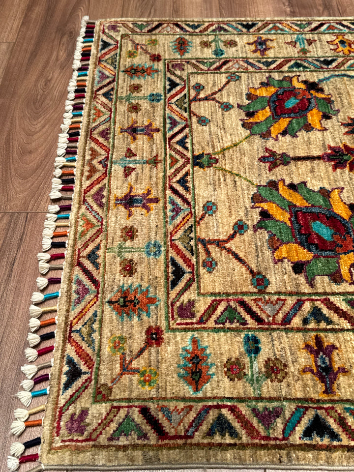 Sultani Binbirgece Orijinal El Dokuması Bej Kök Boya Yün Halı 0.81x120 0.97 Metrekare - 3x4 ft