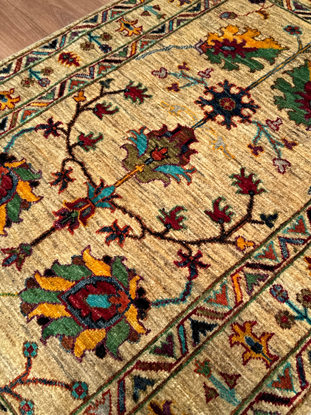 Sultani Binbirgece Orijinal El Dokuması Bej Kök Boya Yün Halı 0.81x120 0.97 Metrekare - 3x4 ft