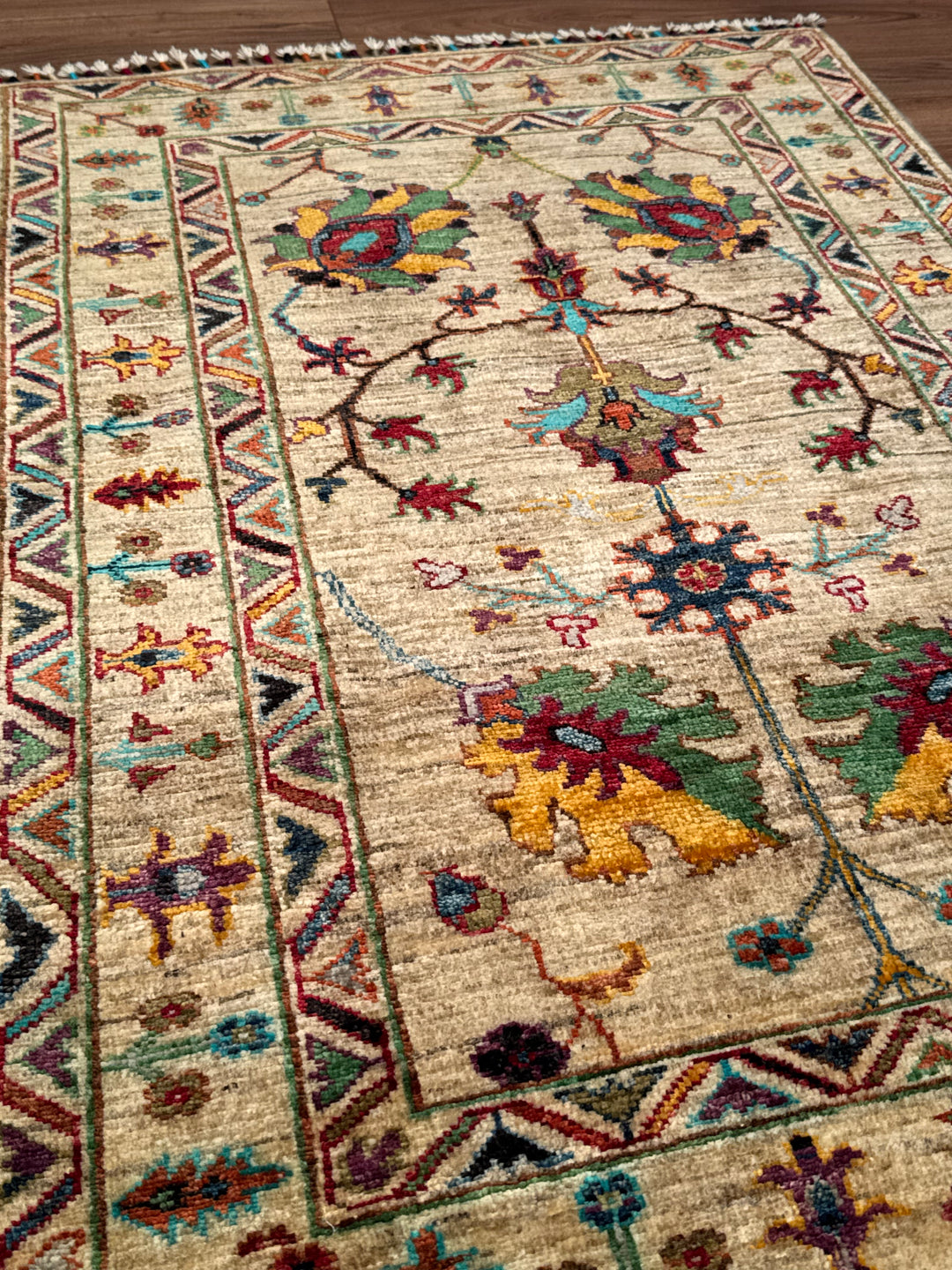 Sultani Binbirgece Orijinal El Dokuması Bej Kök Boya Yün Halı 0.81x120 0.97 Metrekare - 3x4 ft