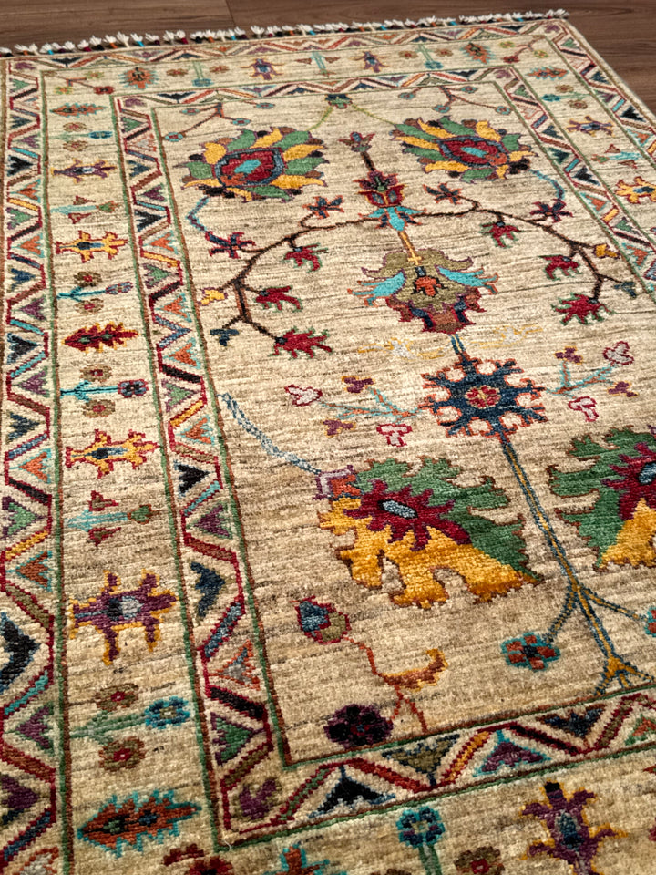 Sultani Binbirgece Orijinal El Dokuması Bej Kök Boya Yün Halı 0.81x120 0.97 Metrekare - 3x4 ft