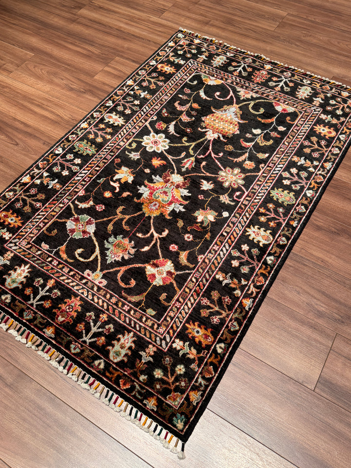 Sultani Binbirgece Orijinal El Dokuması Siyah Kök Boya Yün Halı 101x155 1.57 Metrekare - 3x5 ft