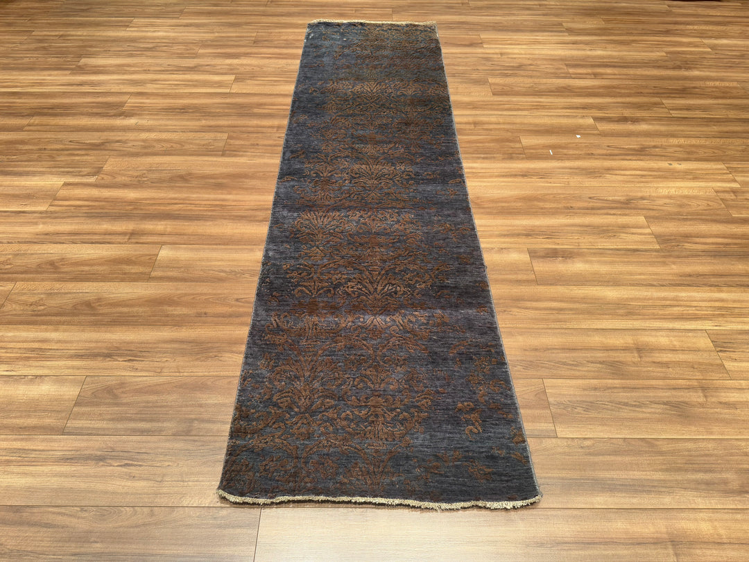 Fendi Original Hand Woven Runner Anthracite Blue Wool Bamboo Carpet 0.83x302 2.51 Square Meters - 2x10 ft