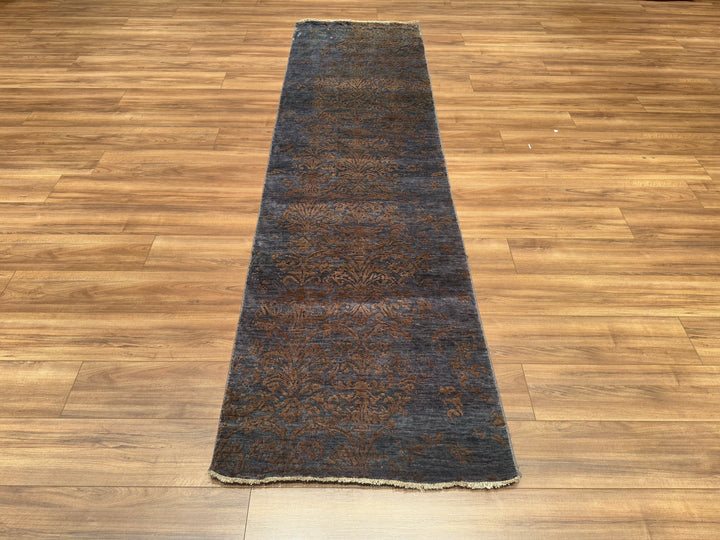 Fendi Original Hand Woven Runner Anthracite Blue Wool Bamboo Carpet 0.83x302 2.51 Square Meters - 2x10 ft