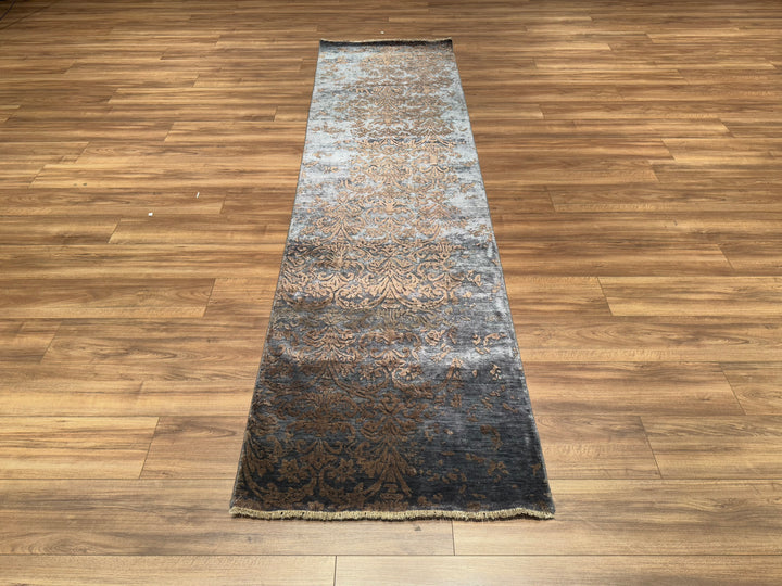 Fendi Original Hand Woven Runner Anthracite Blue Wool Bamboo Carpet 0.83x302 2.51 Square Meters - 2x10 ft