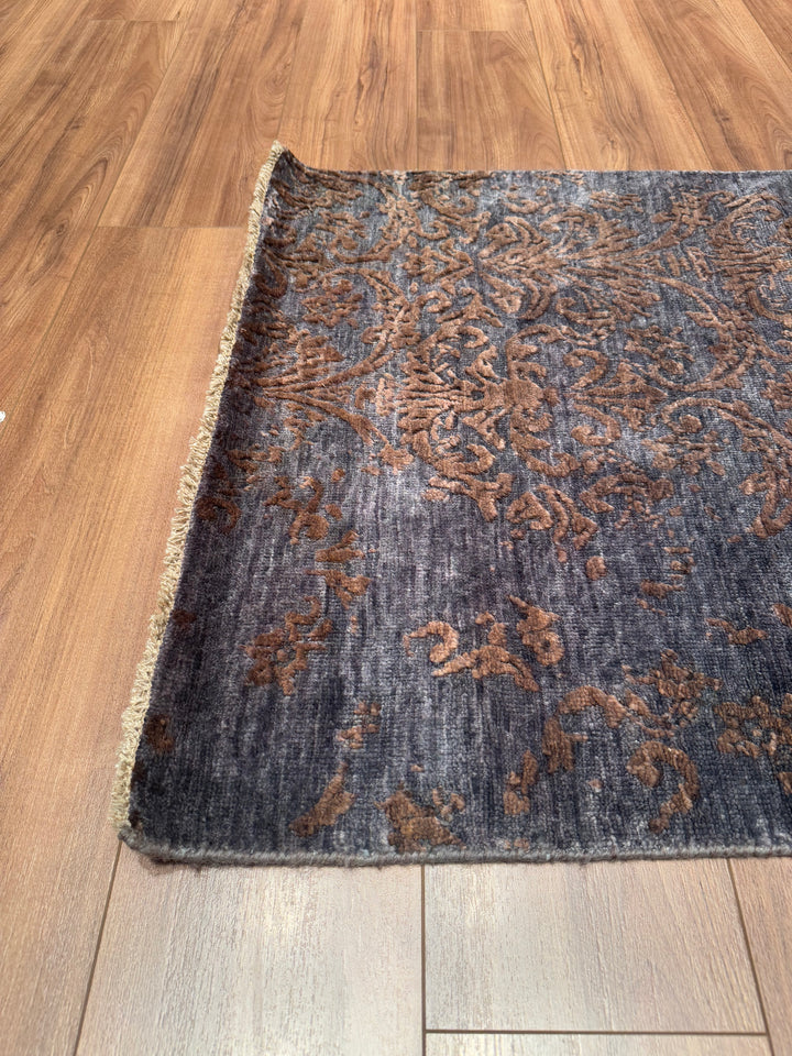 Fendi Original Hand Woven Runner Anthracite Blue Wool Bamboo Carpet 0.83x302 2.51 Square Meters - 2x10 ft