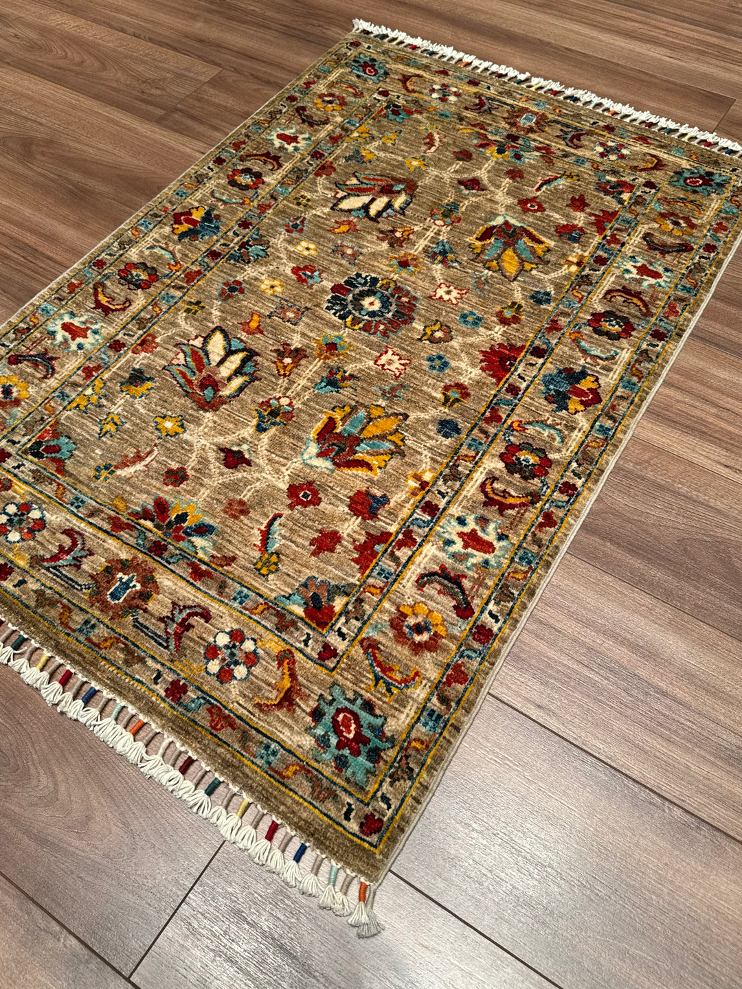 Sultani Binbirgece Orijinal El Dokuması Bej Kök Boya Yün Halı 0.80x120 0.96 Metrekare - 3x4 ft