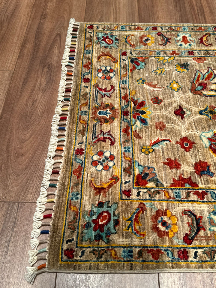 Sultani Binbirgece Orijinal El Dokuması Bej Kök Boya Yün Halı 0.80x120 0.96 Metrekare - 3x4 ft