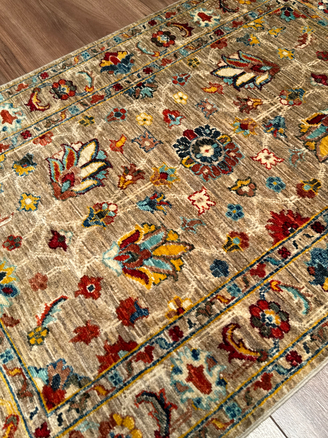 Sultani Binbirgece Orijinal El Dokuması Bej Kök Boya Yün Halı 0.80x120 0.96 Metrekare - 3x4 ft