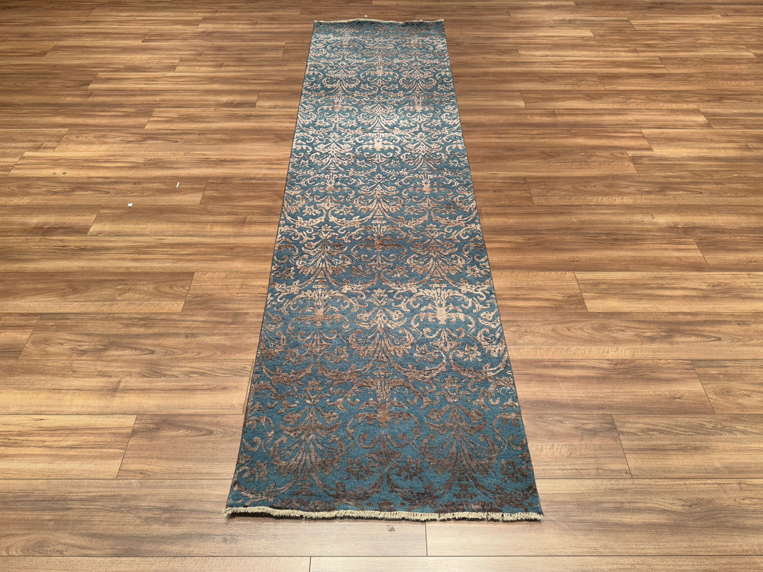 Fendi Original Hand Woven Runner Turquoise Gray Wool Bamboo Carpet 0.82x304 2.49 Square Meters - 2x10 ft