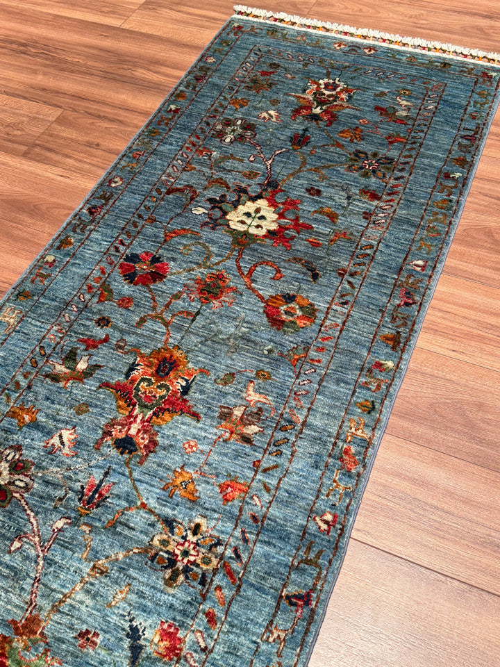 Sultani Binbirgece Yolluk Orijinal El Dokuması Mavi Kök Boya Yün Halı 0.75x204 1.53 Metrekare - 3x8 ft