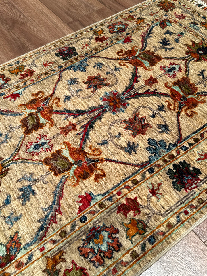 Sultani Binbirgece Orijinal El Dokuması Bej Kök Boya Yün Halı 0.92x120 1.10 Metrekare - 3x4 ft