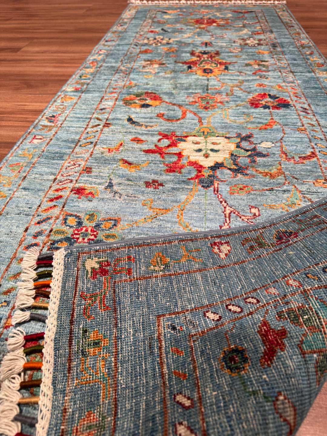 Sultani Binbirgece Yolluk Orijinal El Dokuması Mavi Kök Boya Yün Halı 0.75x204 1.53 Metrekare - 3x8 ft