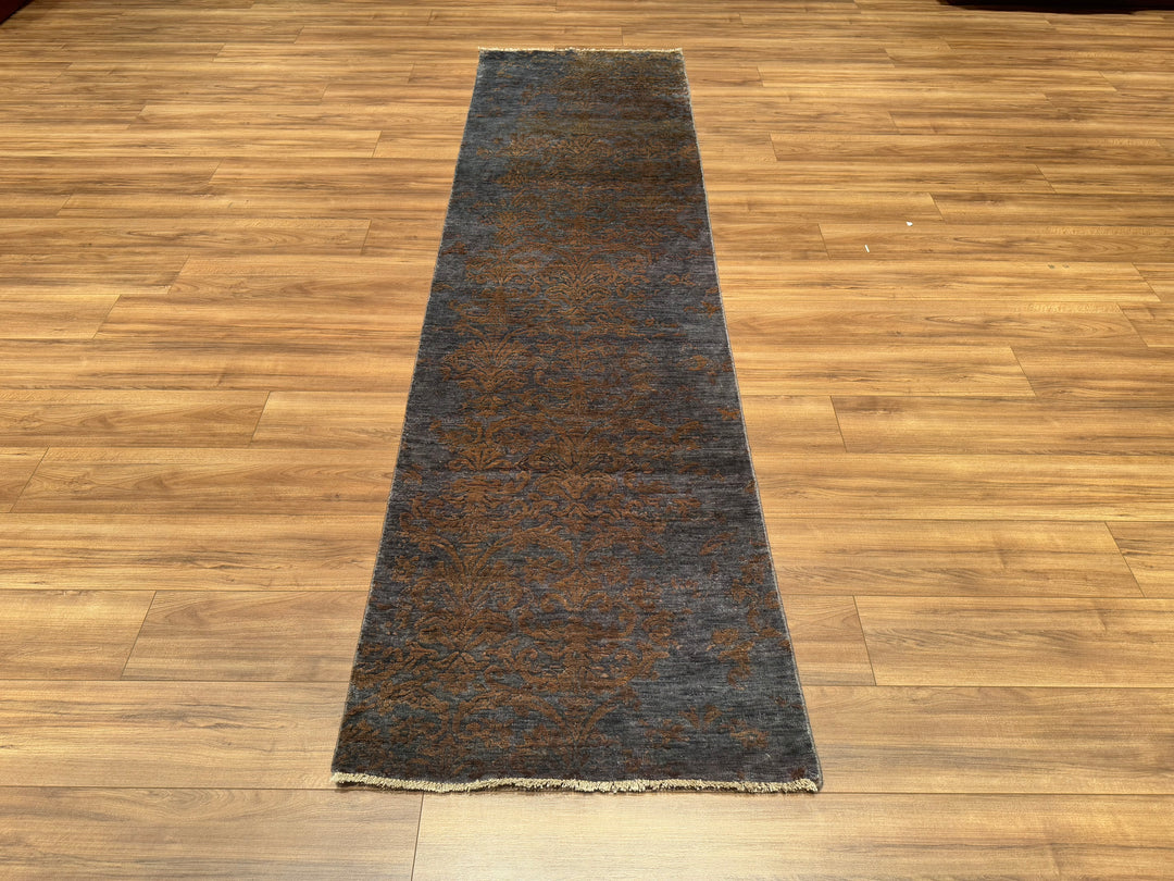 Fendi Original Hand Woven Runner Anthracite Blue Wool Bamboo Carpet 0.82x301 2.47 Square Meters - 2x10 ft