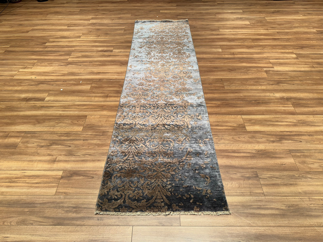 Fendi Original Hand Woven Runner Anthracite Blue Wool Bamboo Carpet 0.82x301 2.47 Square Meters - 2x10 ft