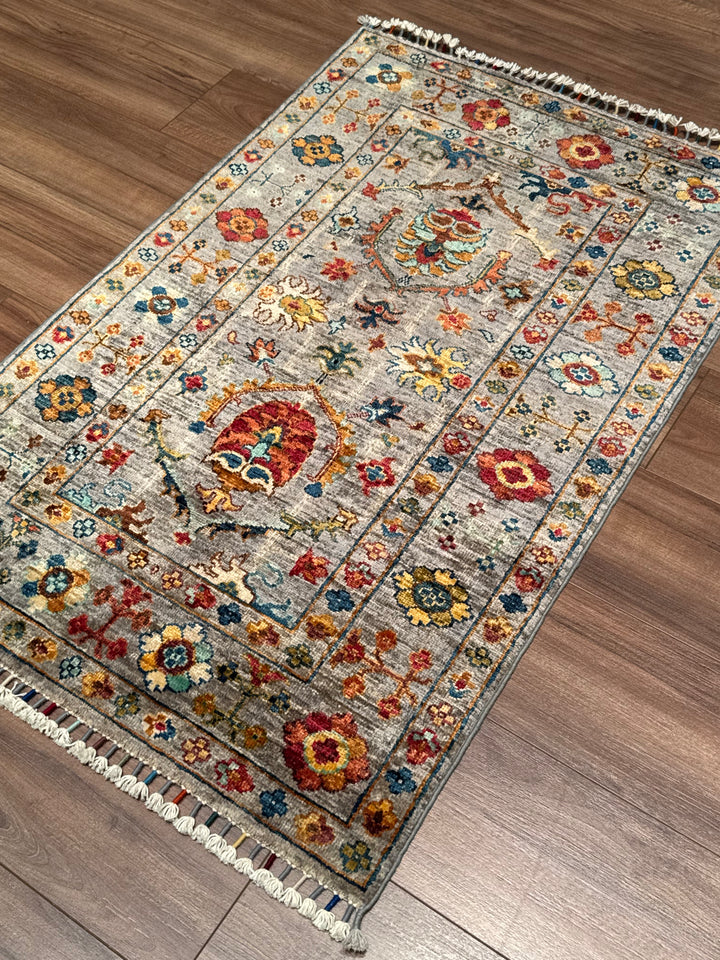Sultani Binbirgece Orijinal El Dokuması Gri Kök Boya Yün Halı 0.78x120 0.94 Metrekare - 3x4 ft