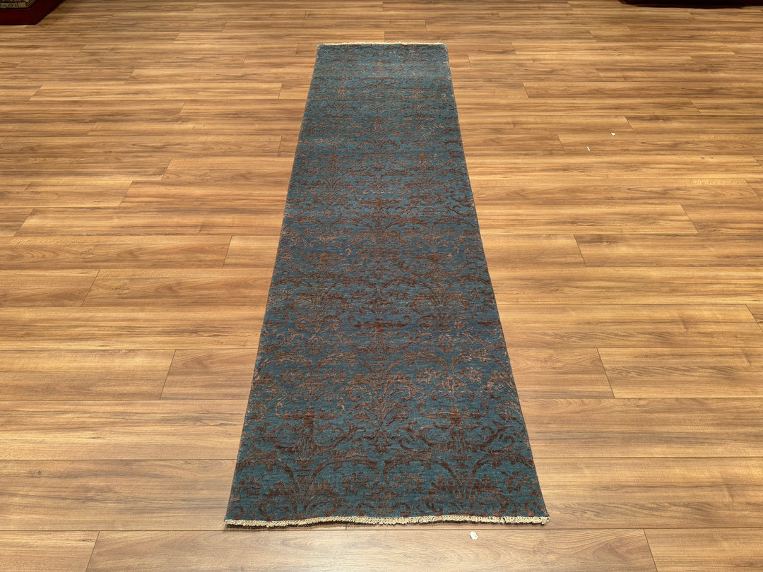 Fendi Original Hand Woven Runner Anthracite Blue Wool Bamboo Carpet 0.82x300 2.46 Square Meters - 2x10 ft