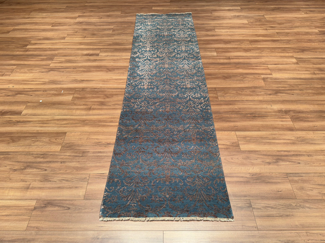 Fendi Original Hand Woven Runner Anthracite Blue Wool Bamboo Carpet 0.82x300 2.46 Square Meters - 2x10 ft