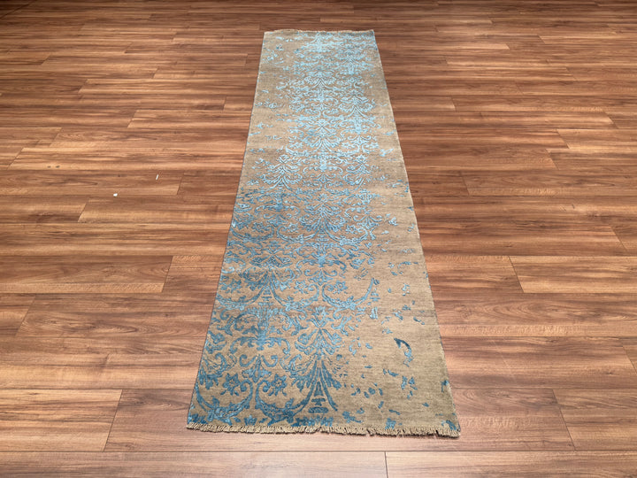 Fendi Original Hand Woven Runner Turquoise Gray Wool Bamboo Carpet 0.84x299 2.51 Square Meters - 2x10 ft