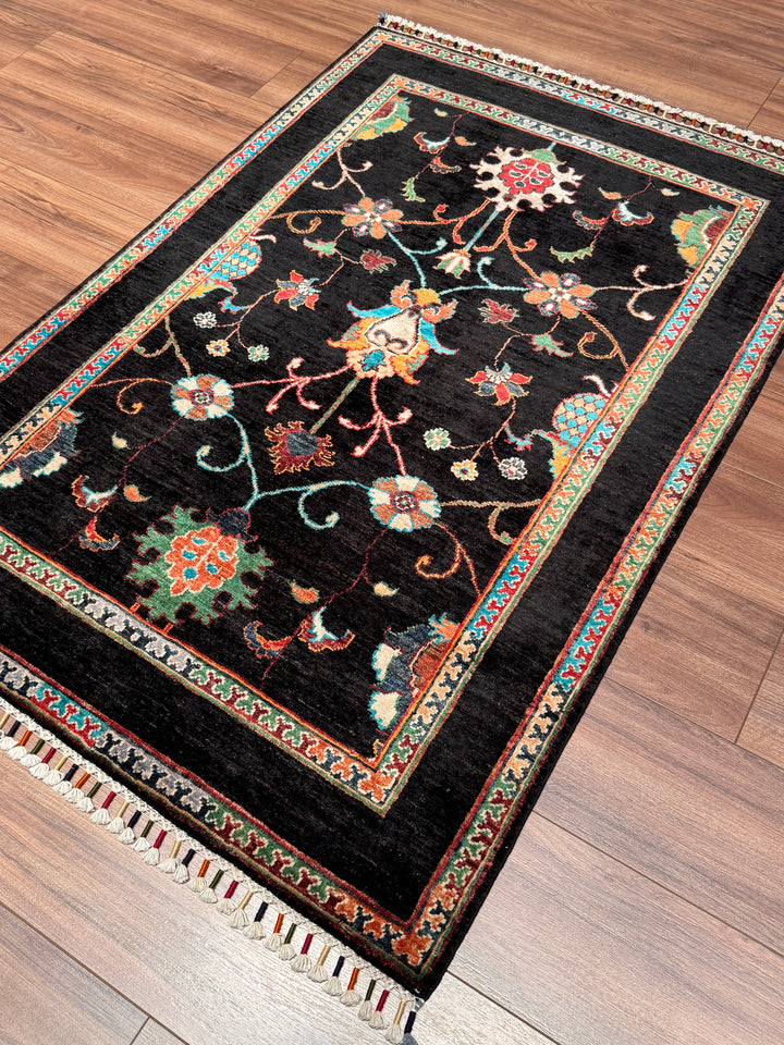Sultani Binbirgece Orijinal El Dokuması Siyah Kök Boya Yün Halı 102x150 1.53 Metrekare - 3x5 ft