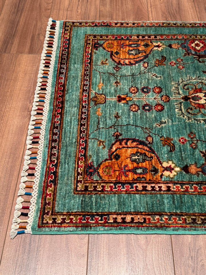 Sultani Binbirgece Yolluk Orijinal El Dokuması Turkuaz Kök Boya Yün Halı 0.82x302 2.48 Metrekare - 3x10 ft