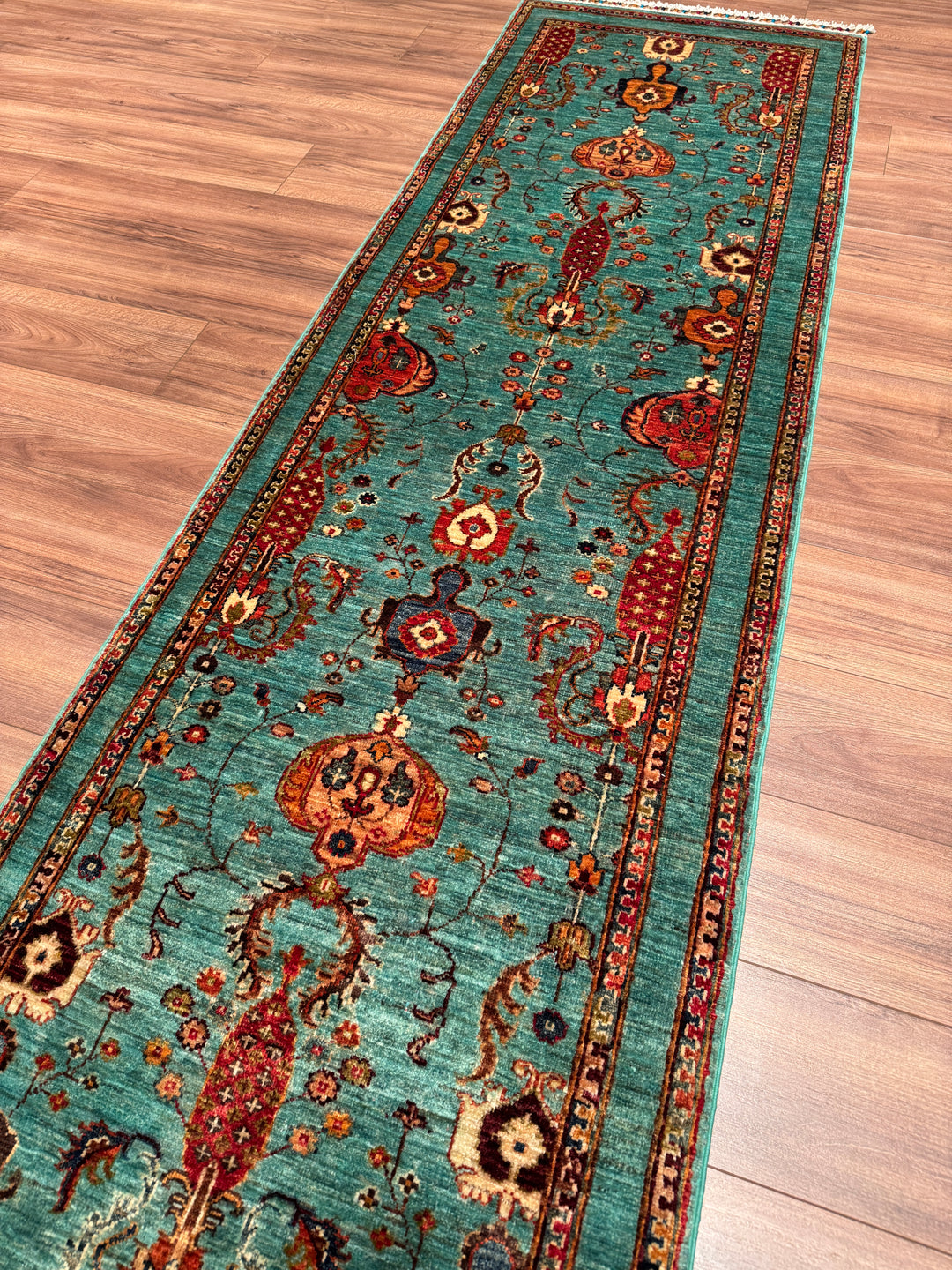 Sultani Binbirgece Yolluk Orijinal El Dokuması Turkuaz Kök Boya Yün Halı 0.82x302 2.48 Metrekare - 3x10 ft