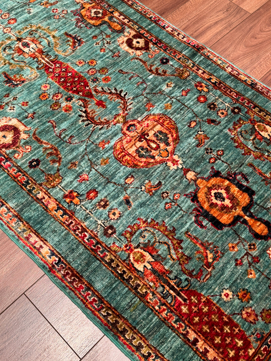 Sultani Binbirgece Yolluk Orijinal El Dokuması Turkuaz Kök Boya Yün Halı 0.82x302 2.48 Metrekare - 3x10 ft