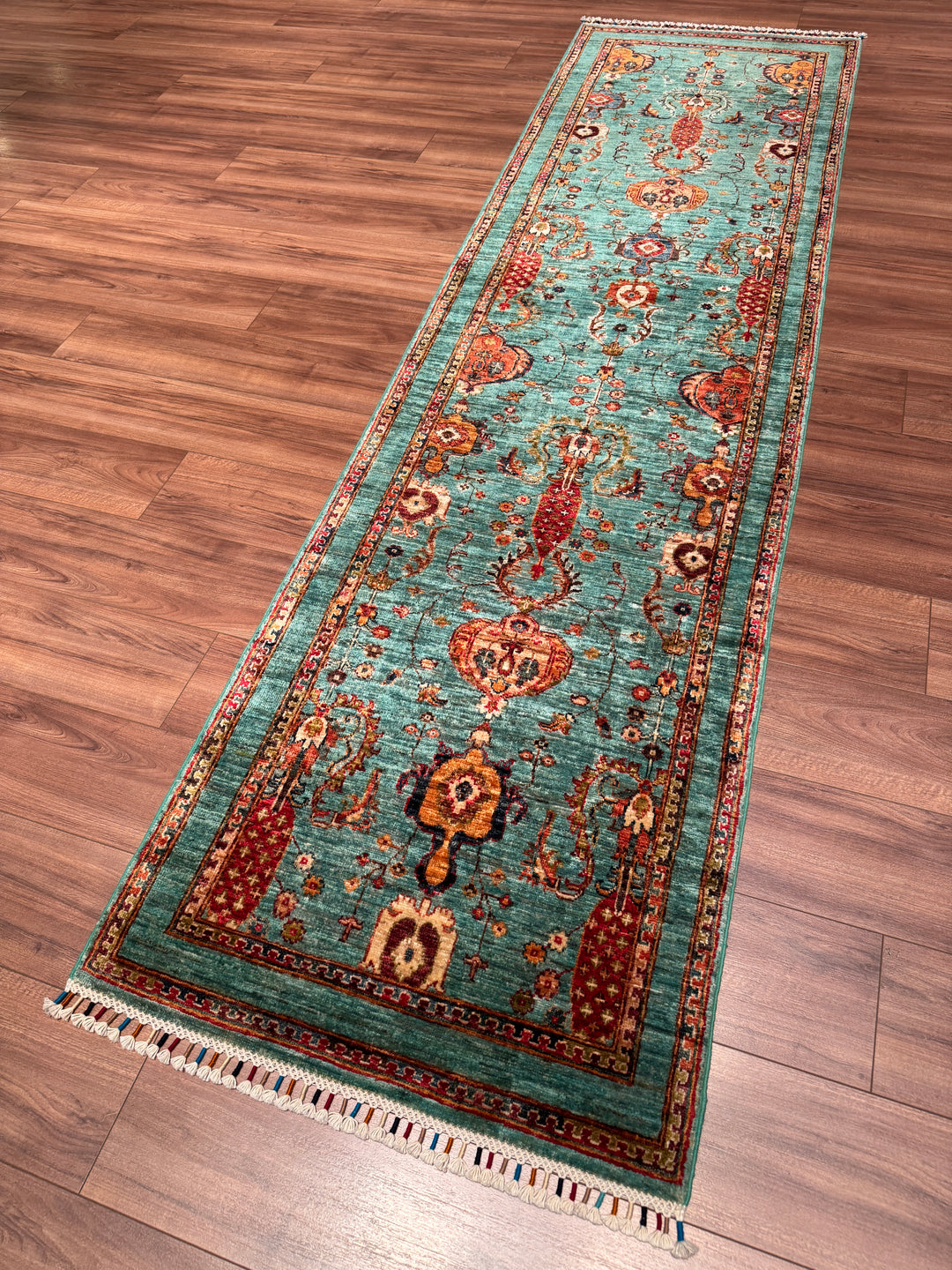 Sultani Binbirgece Yolluk Orijinal El Dokuması Turkuaz Kök Boya Yün Halı 0.82x302 2.48 Metrekare - 3x10 ft