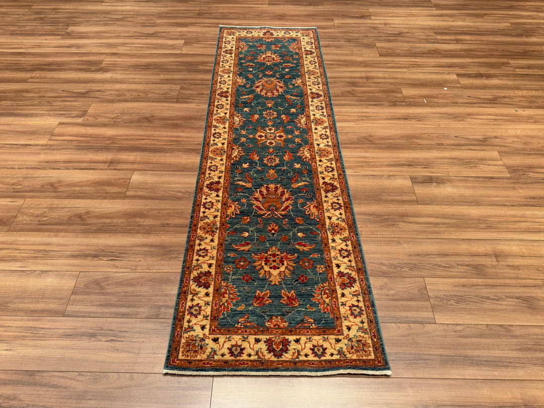 Uşak Original Hand Woven Runner Blue Beige Vegetable Dyed Wool Carpet 0.74x251 1.86 Square Meters - 2x8 ft