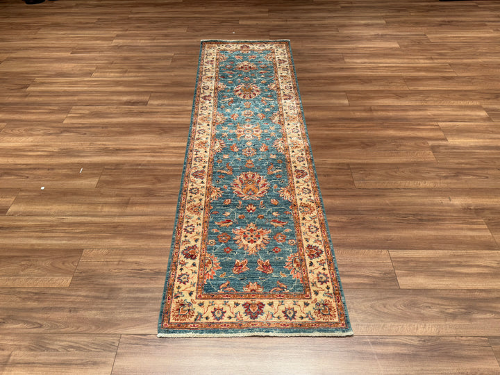 Uşak Original Hand Woven Runner Blue Beige Vegetable Dyed Wool Carpet 0.74x251 1.86 Square Meters - 2x8 ft