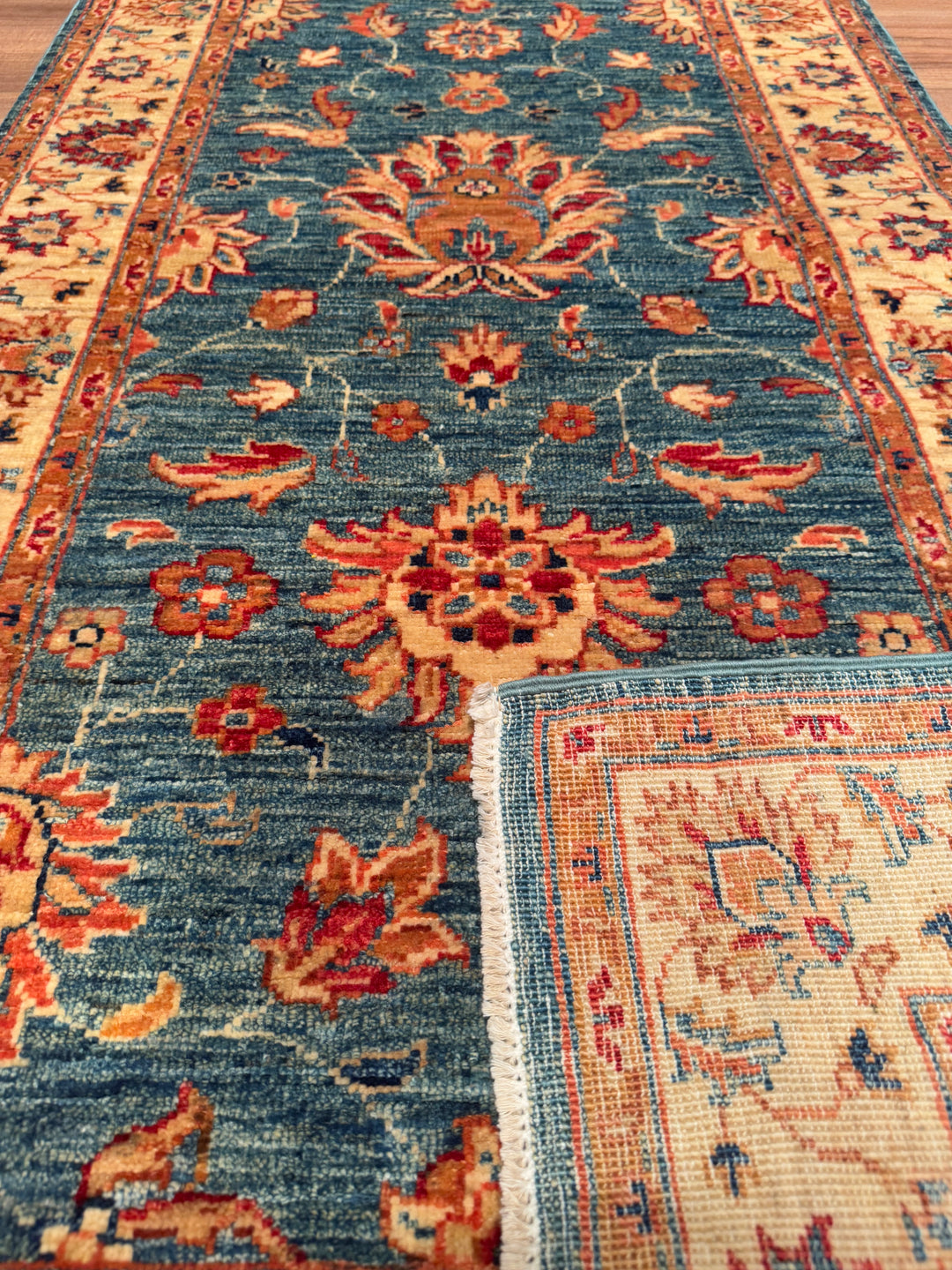 Uşak Original Hand Woven Runner Blue Beige Vegetable Dyed Wool Carpet 0.74x251 1.86 Square Meters - 2x8 ft