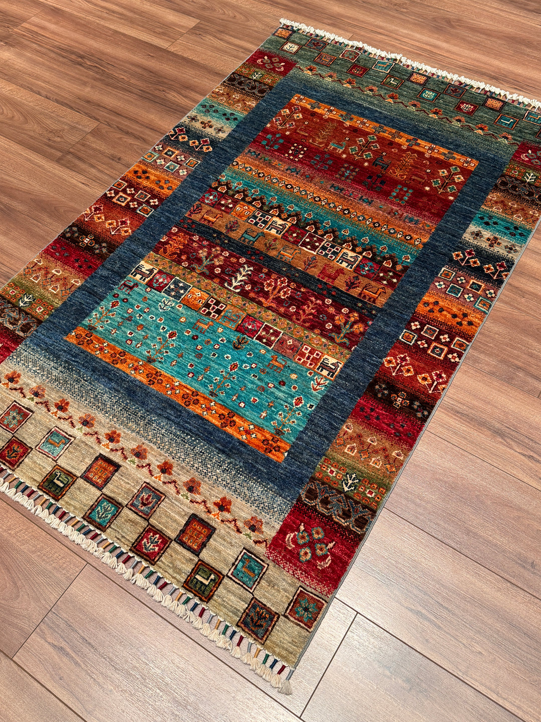 Khorjin Gabbe Desenli Orijinal El Dokuması Multi Kök Boya Yün Halı 100x159 1.59 Metrekare - 3x5 ft