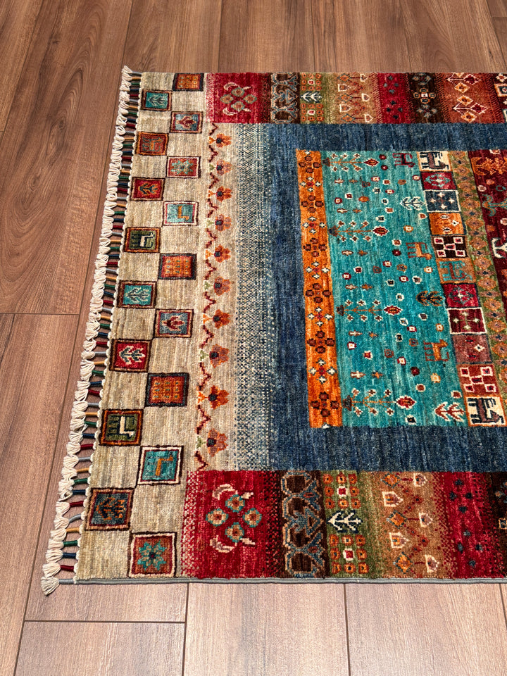 Khorjin Gabbe Desenli Orijinal El Dokuması Multi Kök Boya Yün Halı 100x159 1.59 Metrekare - 3x5 ft