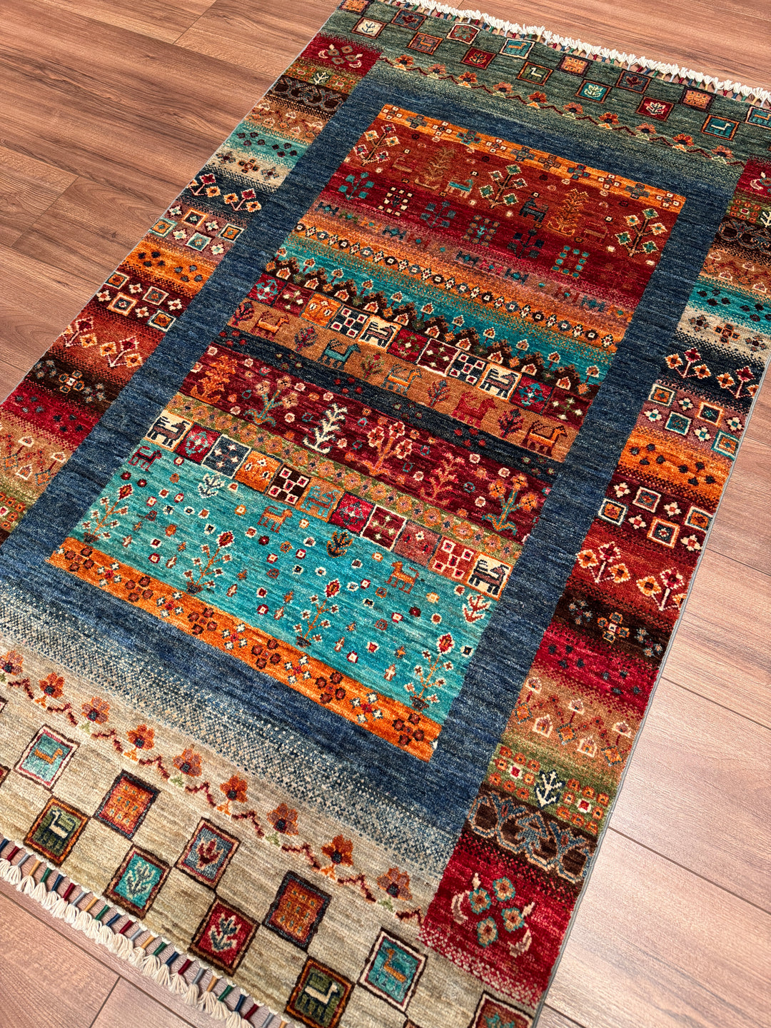Khorjin Gabbe Desenli Orijinal El Dokuması Multi Kök Boya Yün Halı 100x159 1.59 Metrekare - 3x5 ft