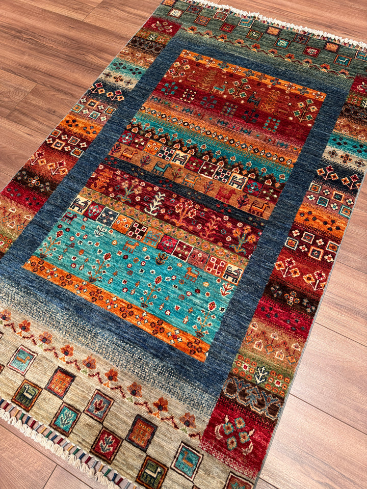 Khorjin Gabbe Desenli Orijinal El Dokuması Multi Kök Boya Yün Halı 100x159 1.59 Metrekare - 3x5 ft