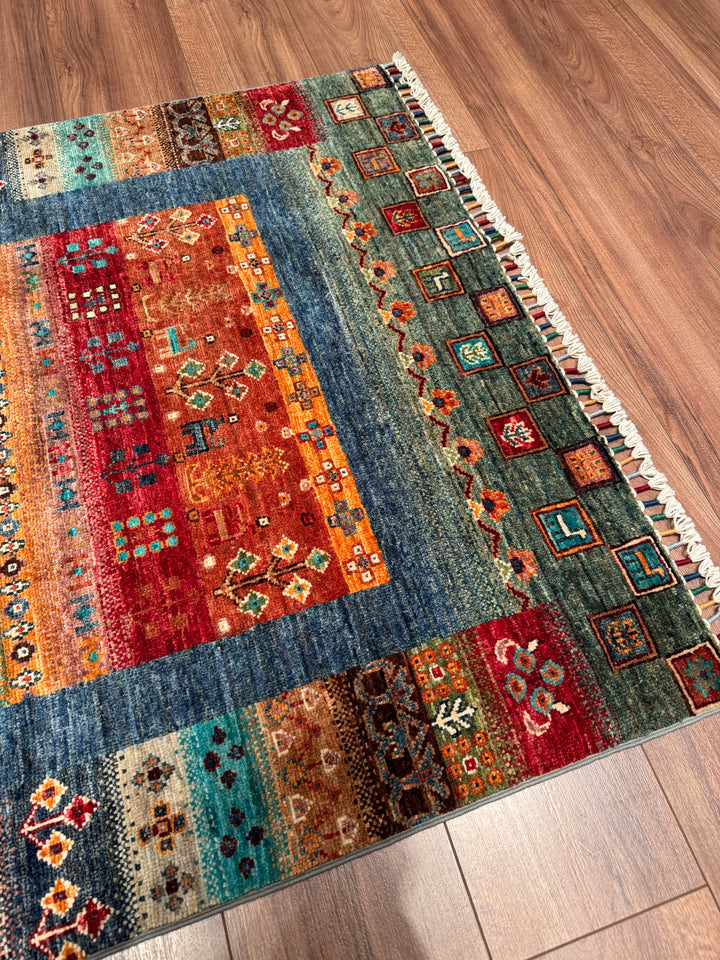 Khorjin Gabbe Desenli Orijinal El Dokuması Multi Kök Boya Yün Halı 100x159 1.59 Metrekare - 3x5 ft
