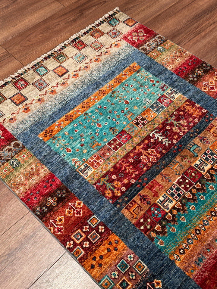 Khorjin Gabbe Desenli Orijinal El Dokuması Multi Kök Boya Yün Halı 100x159 1.59 Metrekare - 3x5 ft