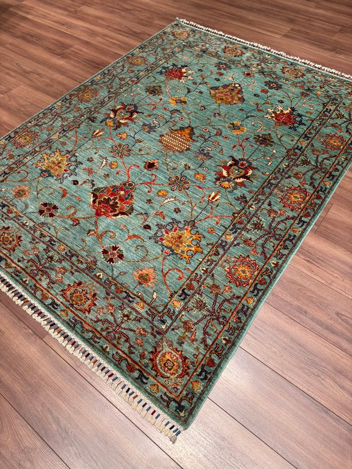 Sultani Binbirgece Orijinal El Dokuması Turkuaz Kök Boya Yün Halı 155x202 3.13 Metrekare - 5x6 ft