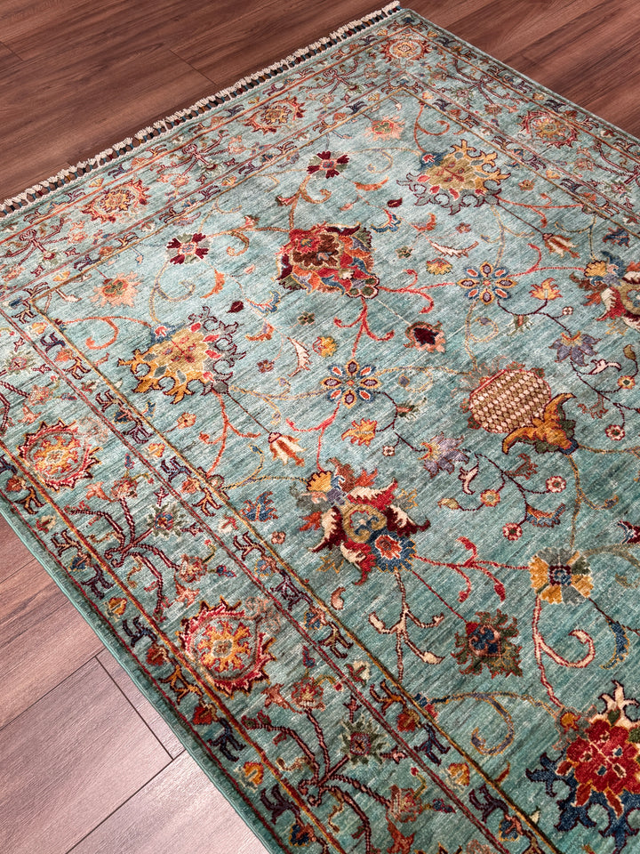 Sultani Binbirgece Orijinal El Dokuması Turkuaz Kök Boya Yün Halı 155x202 3.13 Metrekare - 5x6 ft