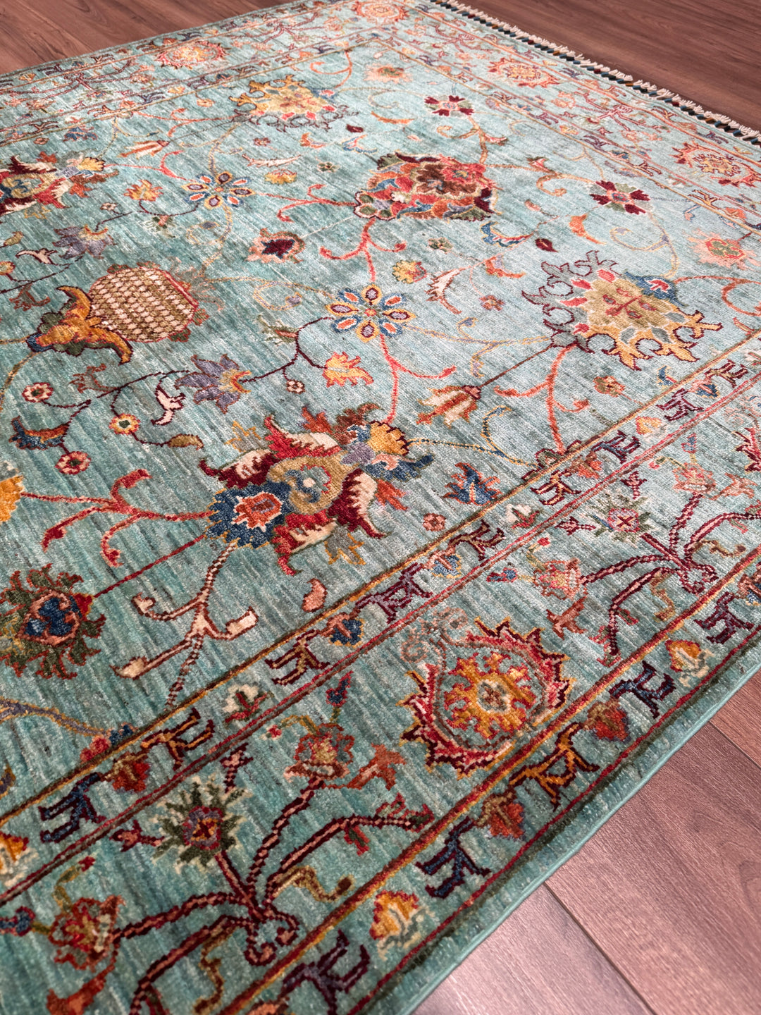 Sultani Binbirgece Orijinal El Dokuması Turkuaz Kök Boya Yün Halı 155x202 3.13 Metrekare - 5x6 ft
