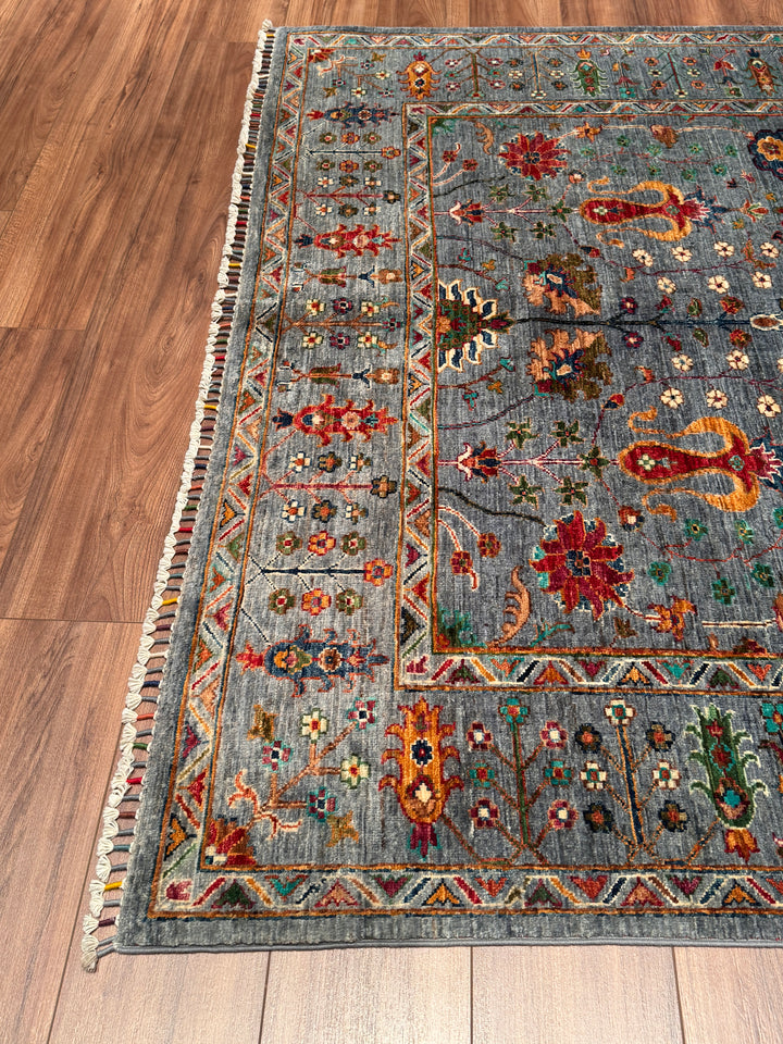 Sultani Çiçekli Orijinal El Dokuması Gri Kök Boya Yün Halı 179x238 4.26 Metrekare - 5x8 ft